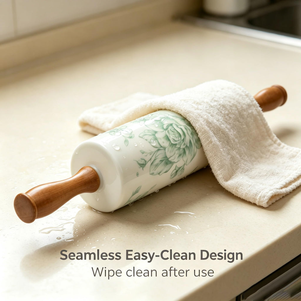 Green Floral Stoneware Rolling Pin With Wooden Handles, 18.25 Inch Smooth Ceramic Dough Roller For Pie Pizza Baking Kitchen Tool product image