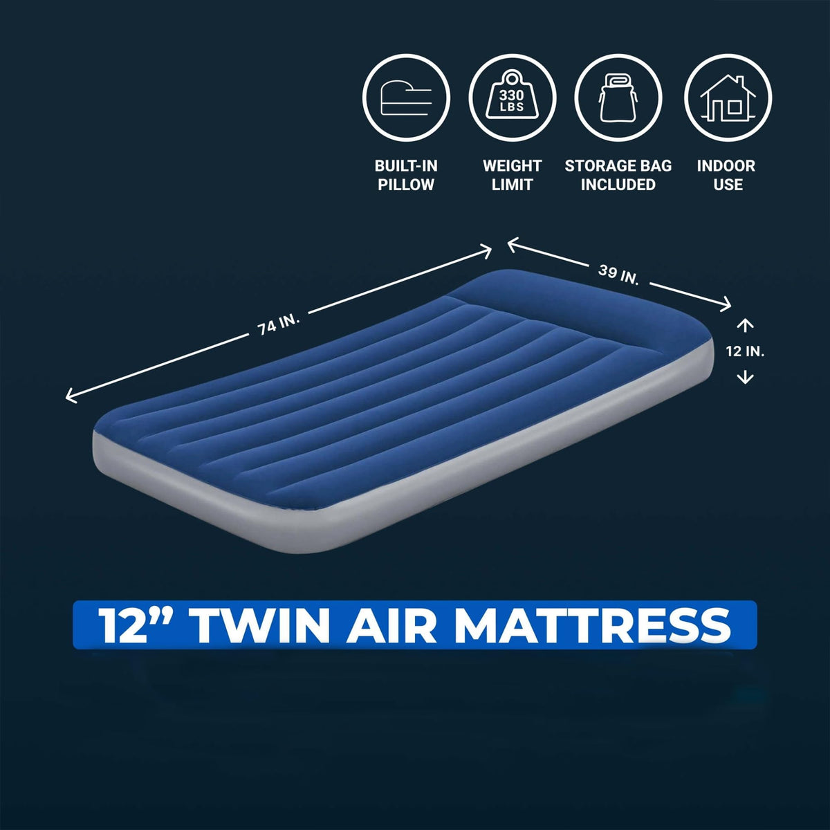 12 Inch Twin SleepSupport Inflatable Air Mattress With Built-in AC Electric Pump, Reinforced Internal Beam Bed, 330 LBS Load Capacity, Portable Carry Bag For Indoor Guest Camping Travel product image