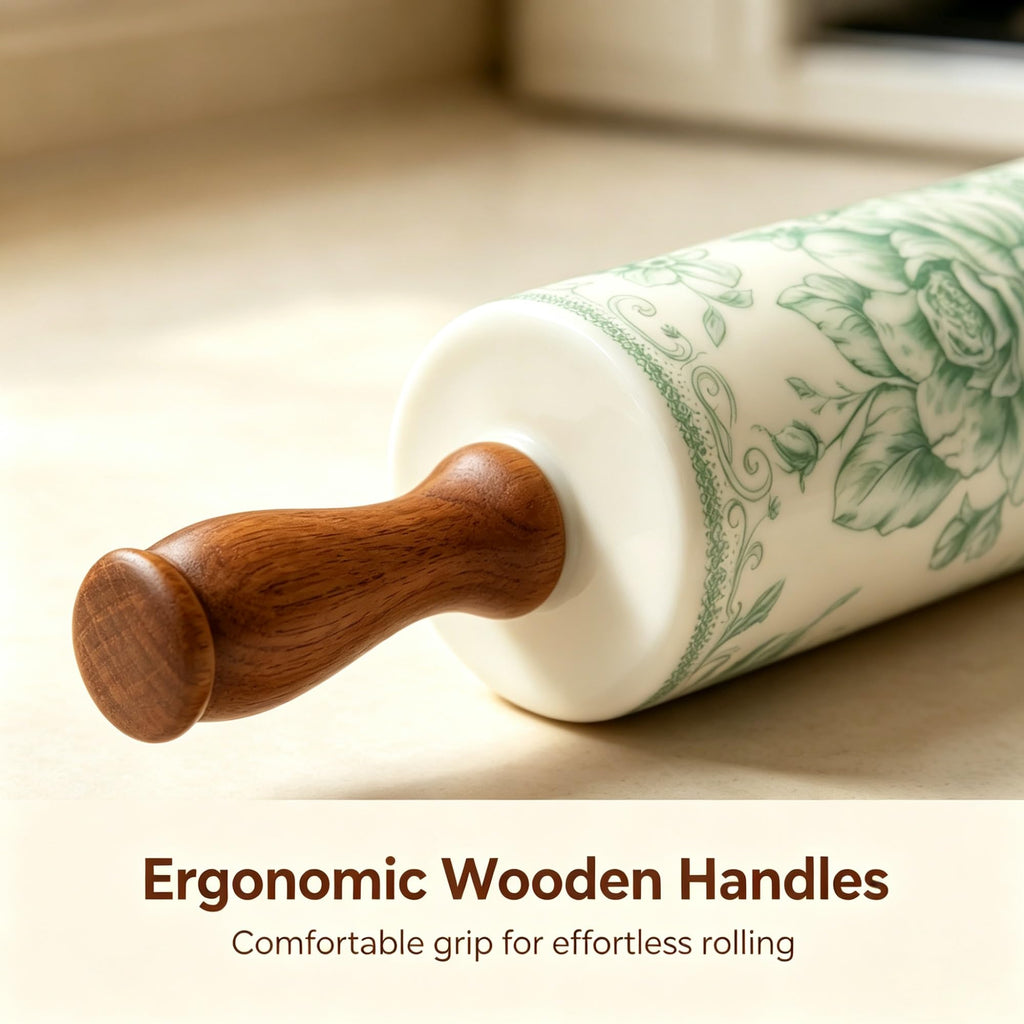 Green Floral Stoneware Rolling Pin With Wooden Handles, 18.25 Inch Smooth Ceramic Dough Roller For Pie Pizza Baking Kitchen Tool product image