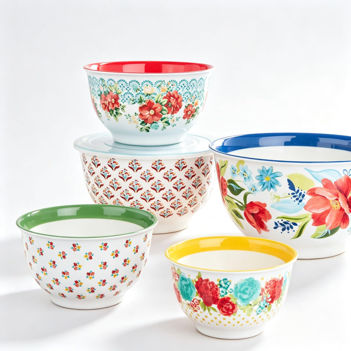 Spring Bouquet 10-Piece Melamine Mixing Bowl Set, 5 Nesting Prep Bowls With Snap-On Lids, BPA-Free Serving Storage