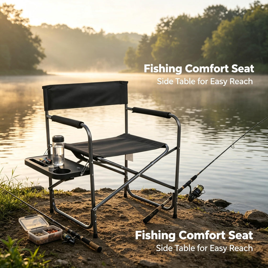 Folding Outdoor Director Chair With Foldable Side Table And Cup Holder, Rust Proof Steel Frame Heavy Duty Portable Camping Tailgating , 300 LBS Weight Capacity product image