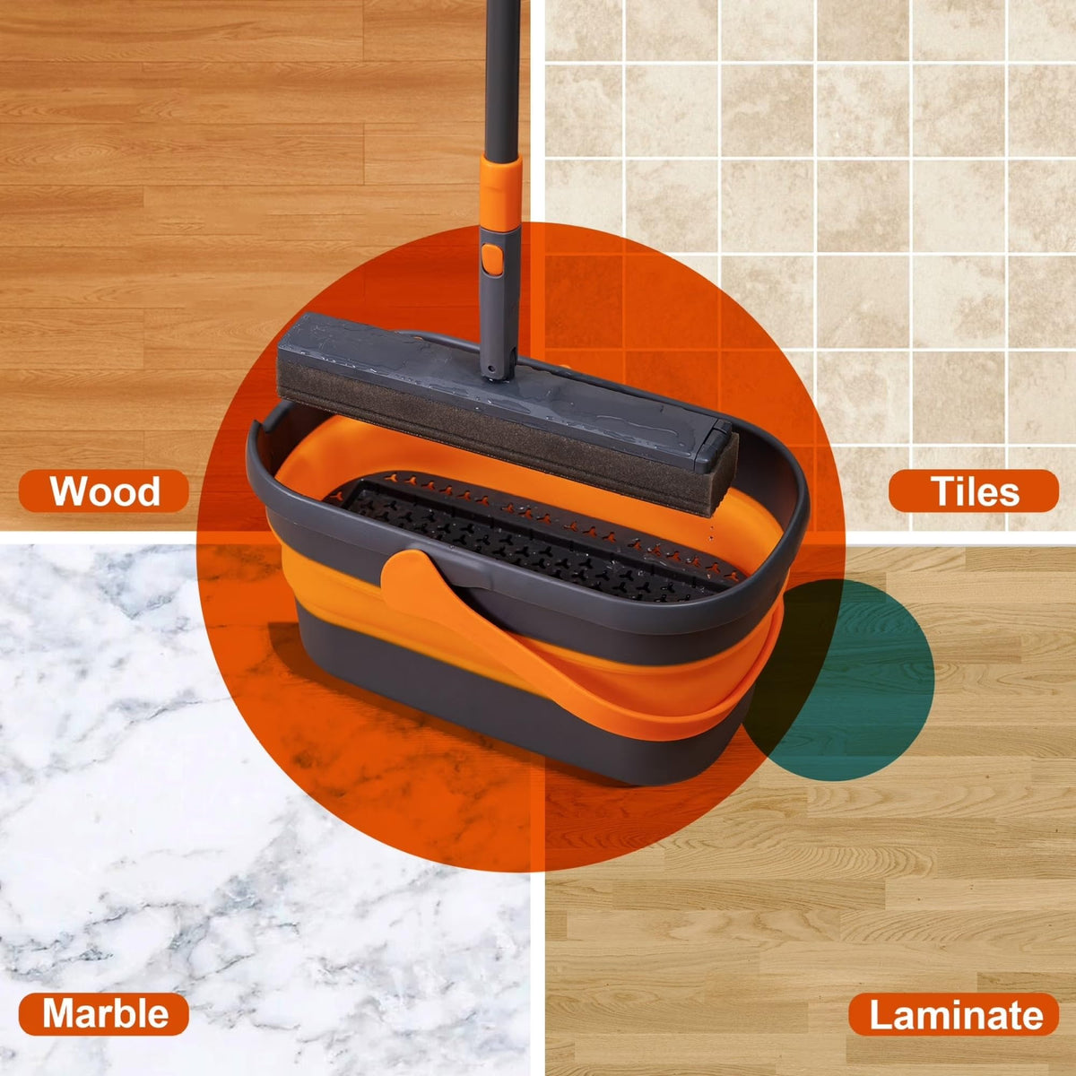 Hands-Free Sponge Mop With Collapsible Wring Bucket, Adjustable Lightweight Floor Cleaning Kit For Home Wet & Dry product image