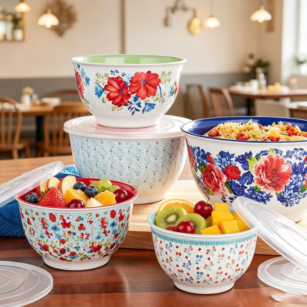 Heritage Floral 10-Piece Melamine Mixing Bowl Set, 5 Nesting Bowls With Snap-On Lids, BPA-Free Prep & Serving product image