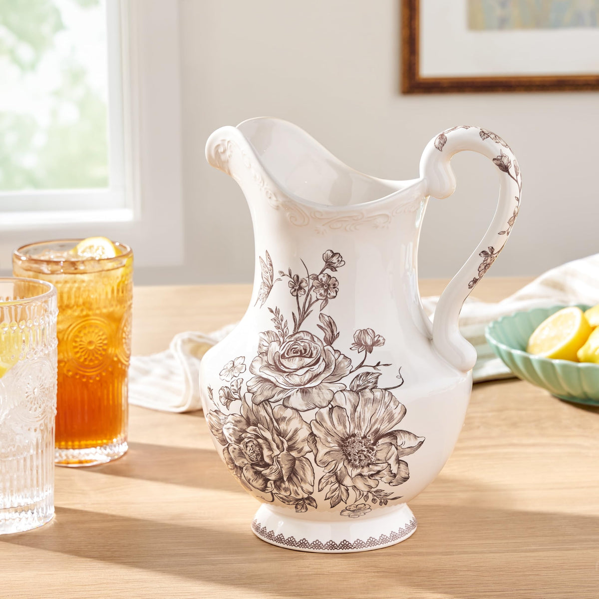 Brown Stoneware 2-Quart Pitcher, Vintage Floral Butterfly Design, 10 Inch Tall Microwave & Dishwasher Safe Farmhouse Beverage Serving product image