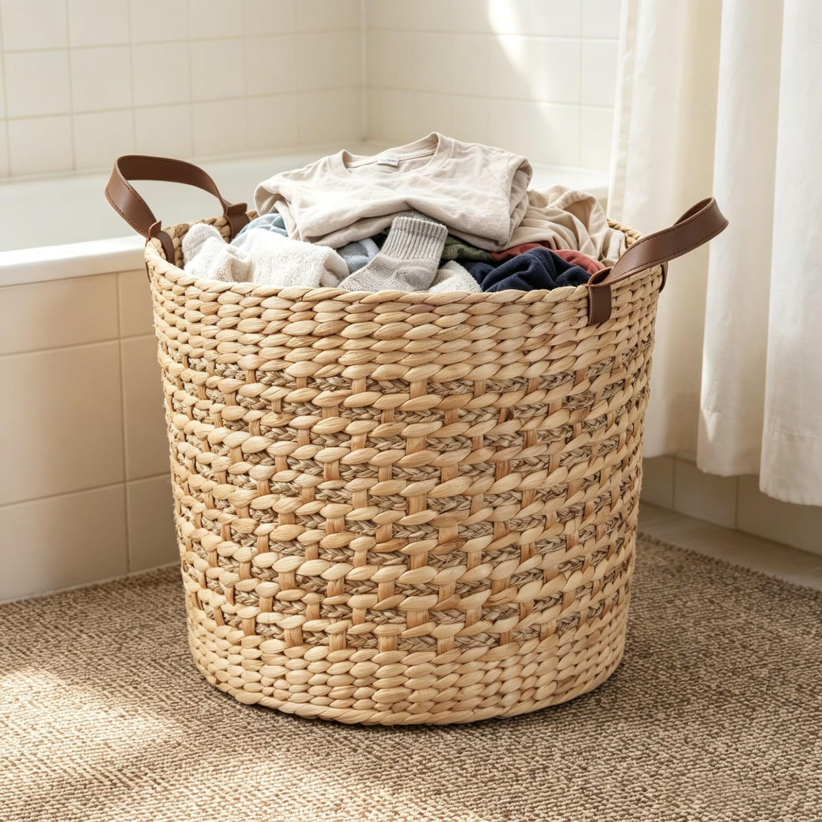 16.75 Gallon Round Wicker Laundry Hamper, Light Brown Water Hyacinth Clothes Basket With Handles & Removable Liner, 15.7 Inch Cube Storage Bin For Bedroom Bathroom product image