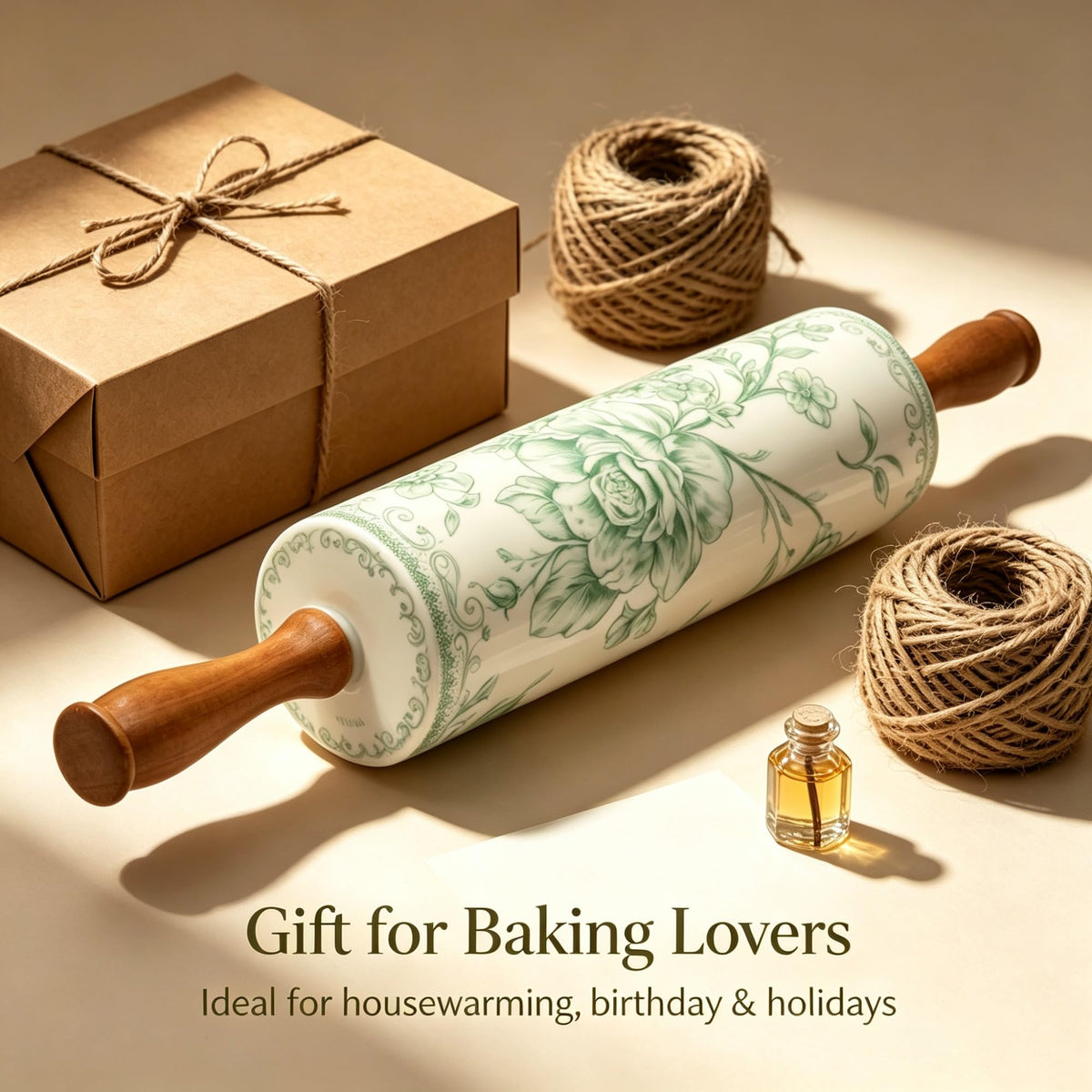 Green Floral Stoneware Rolling Pin With Wooden Handles, 18.25 Inch Smooth Ceramic Dough Roller For Pie Pizza Baking Kitchen Tool product image