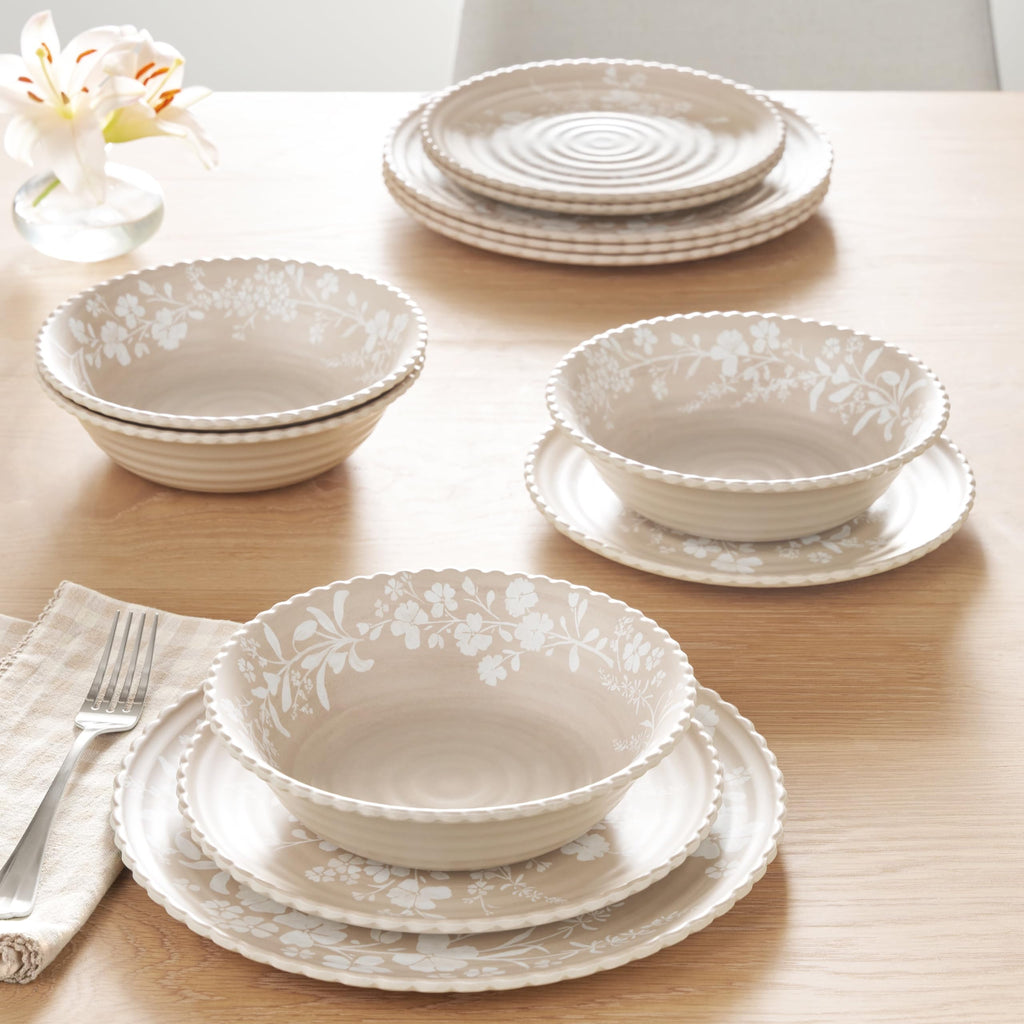 Beige Daisy 12-Piece Bamboo Melamine Dinnerware Set, Scalloped Floral Plates & Cereal Bowls, Dishwasher Safe Not Microwavable product image