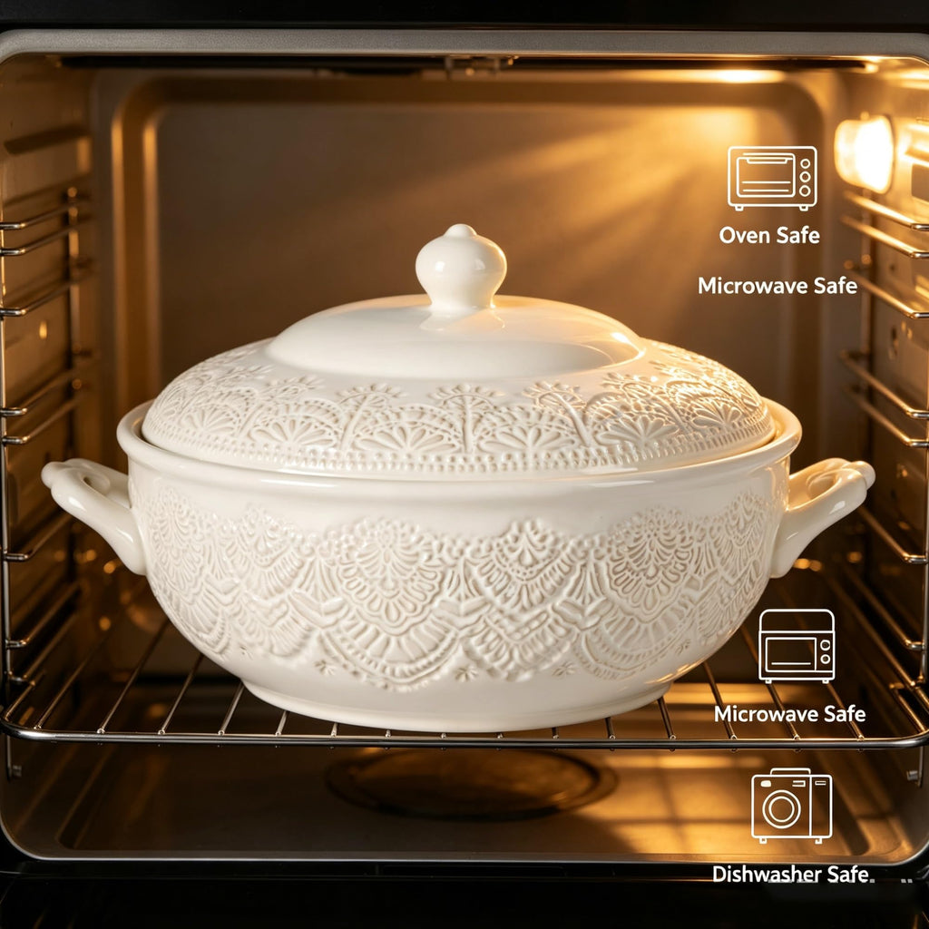 The Pioneer Woman Vintage Lace Stoneware Soup Tureen, Linen, 11 Inch, Decorative Serving Bowl For , Stews And Side Dishes product image