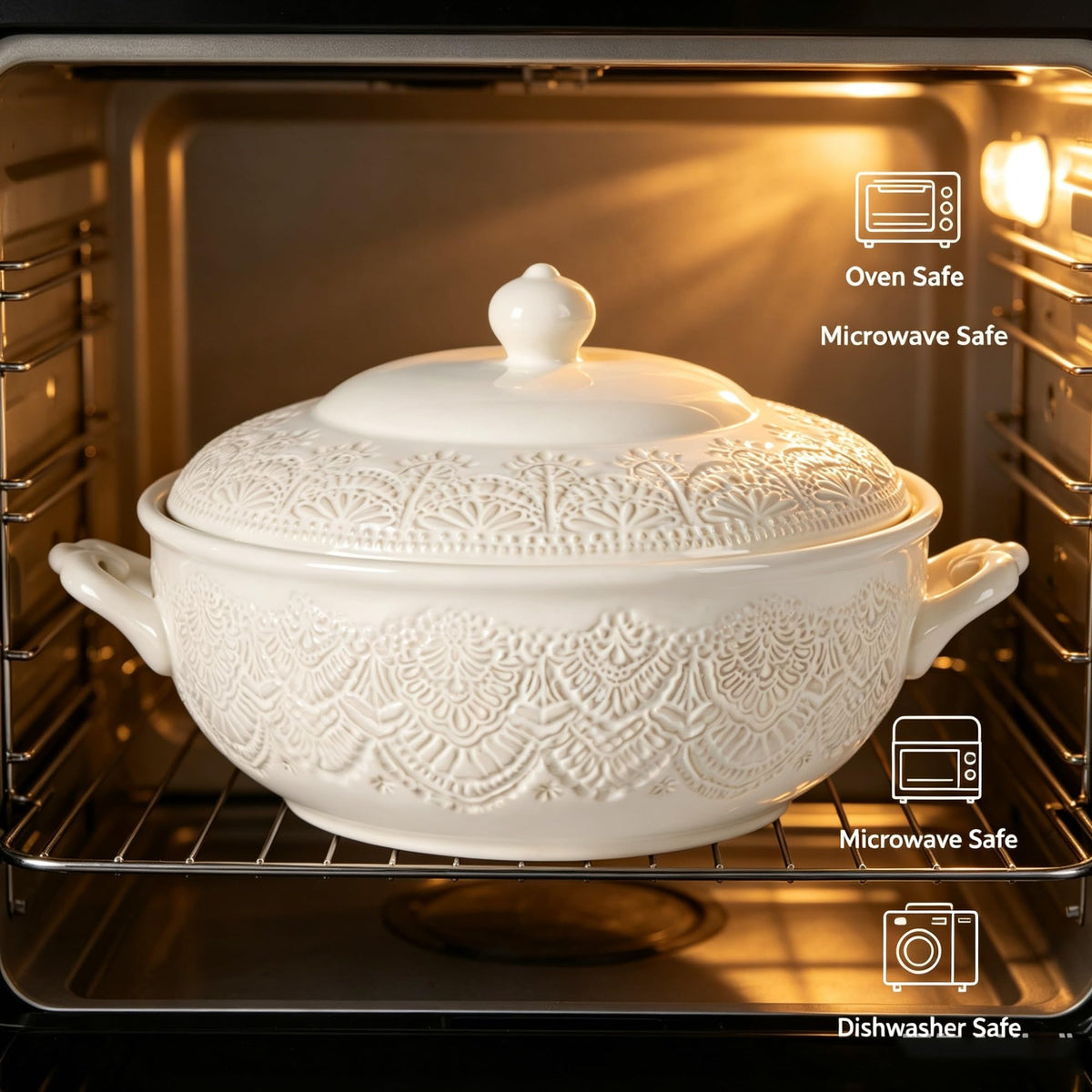 The Pioneer Woman Vintage Lace Stoneware Soup Tureen, Linen, 11 Inch, Decorative Serving Bowl For , Stews And Side Dishes product image