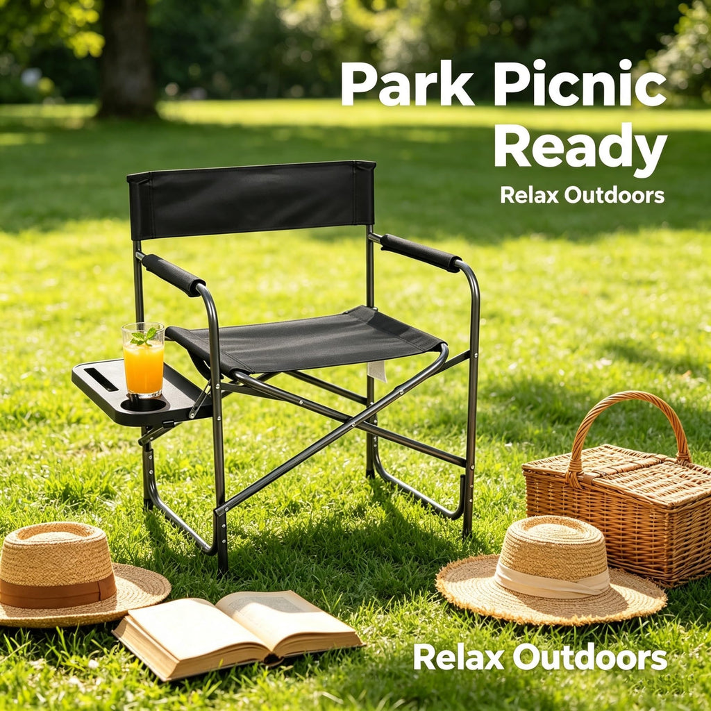 Folding Outdoor Director Chair With Foldable Side Table And Cup Holder, Rust Proof Steel Frame Heavy Duty Portable Camping Tailgating , 300 LBS Weight Capacity product image