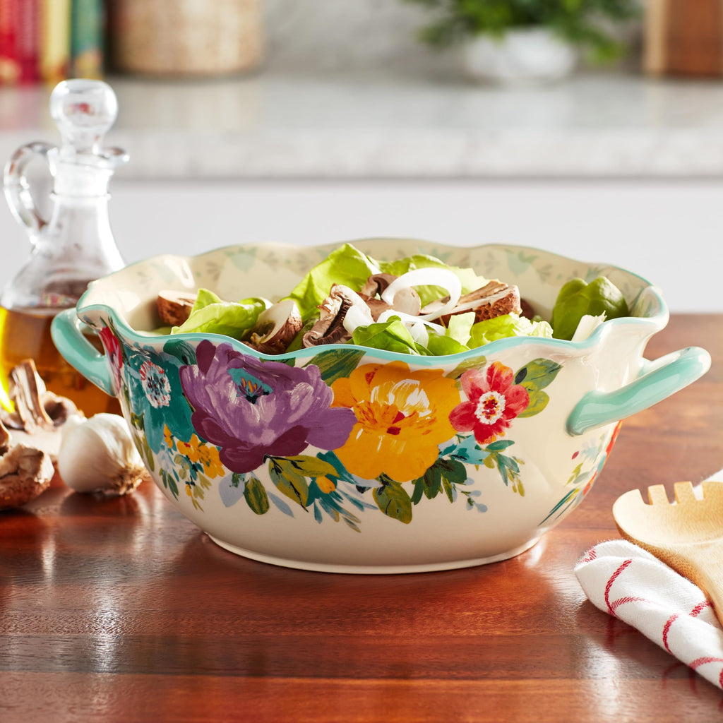 Sweet Romance Blossom Ceramic Serving Bowl With Dual Side Handles, 9.9-Inch Floral Scalloped Edge Dish For Salad, Dishes And Food Mixing product image