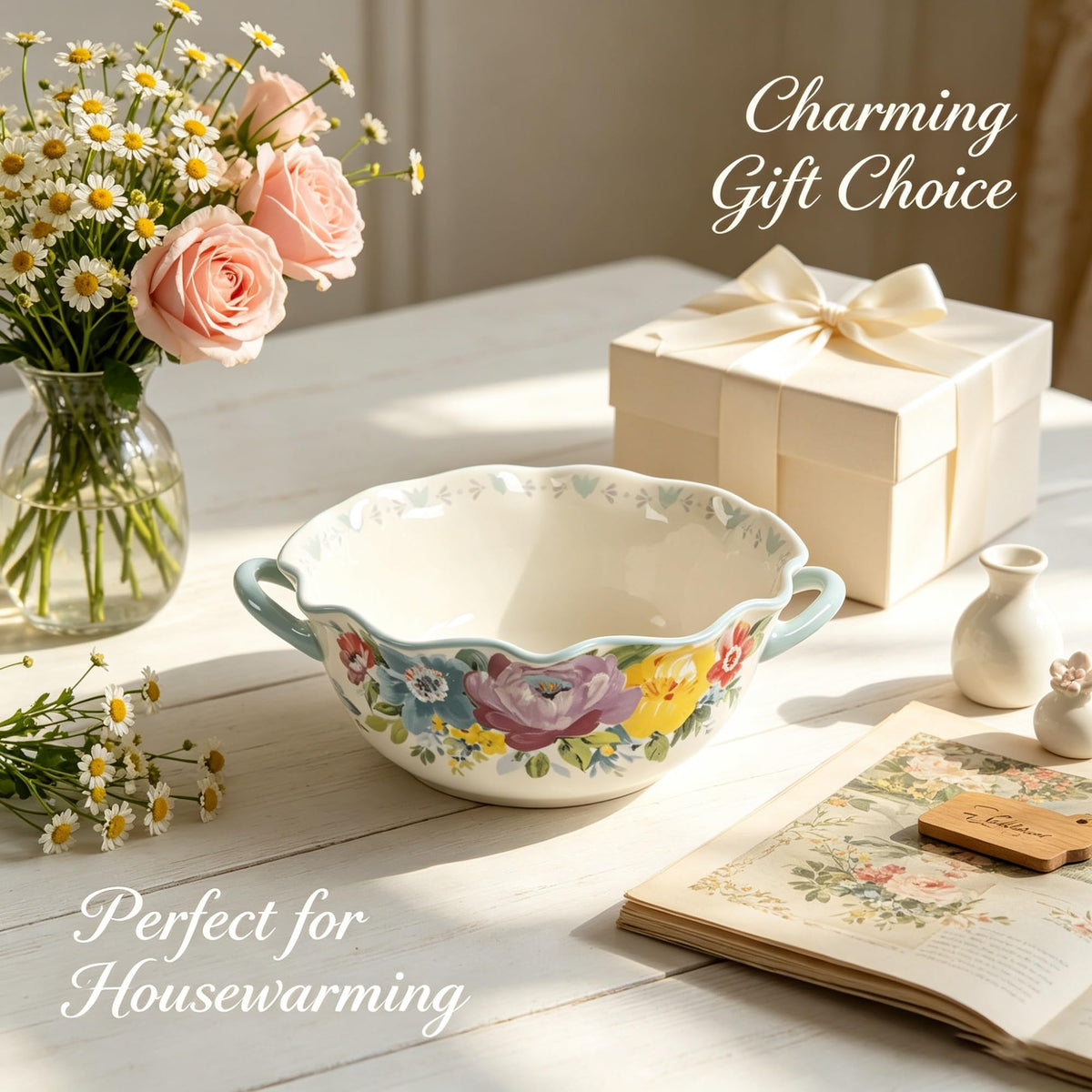Sweet Romance Blossom Ceramic Serving Bowl With Dual Side Handles, 9.9-Inch Floral Scalloped Edge Dish For Salad, Dishes And Food Mixing product image