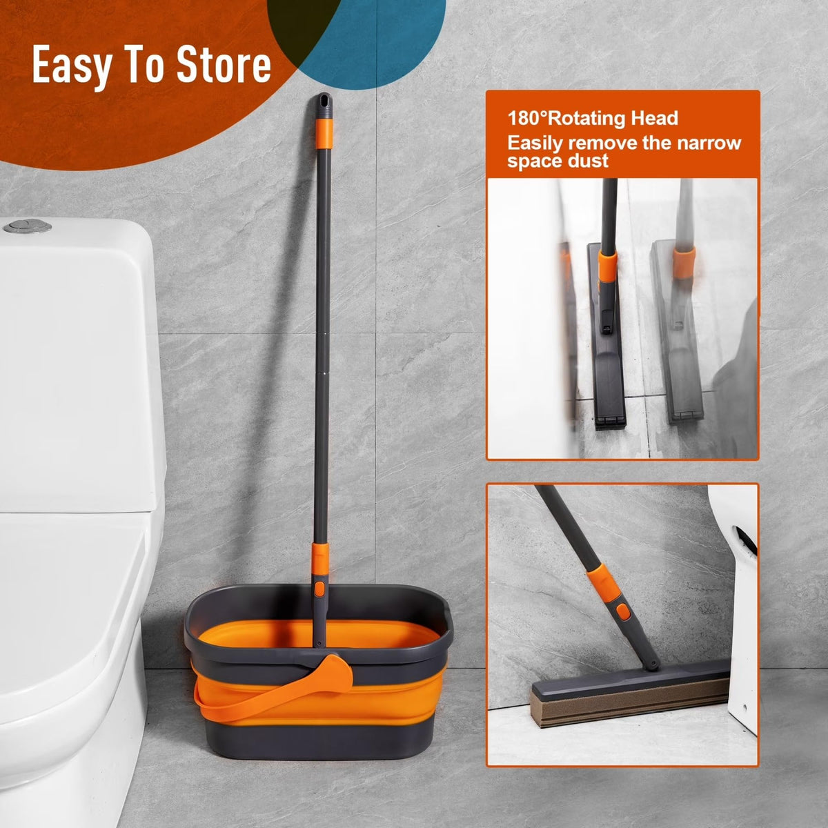 Hands-Free Sponge Mop With Collapsible Wring Bucket, Adjustable Lightweight Floor Cleaning Kit For Home Wet & Dry product image