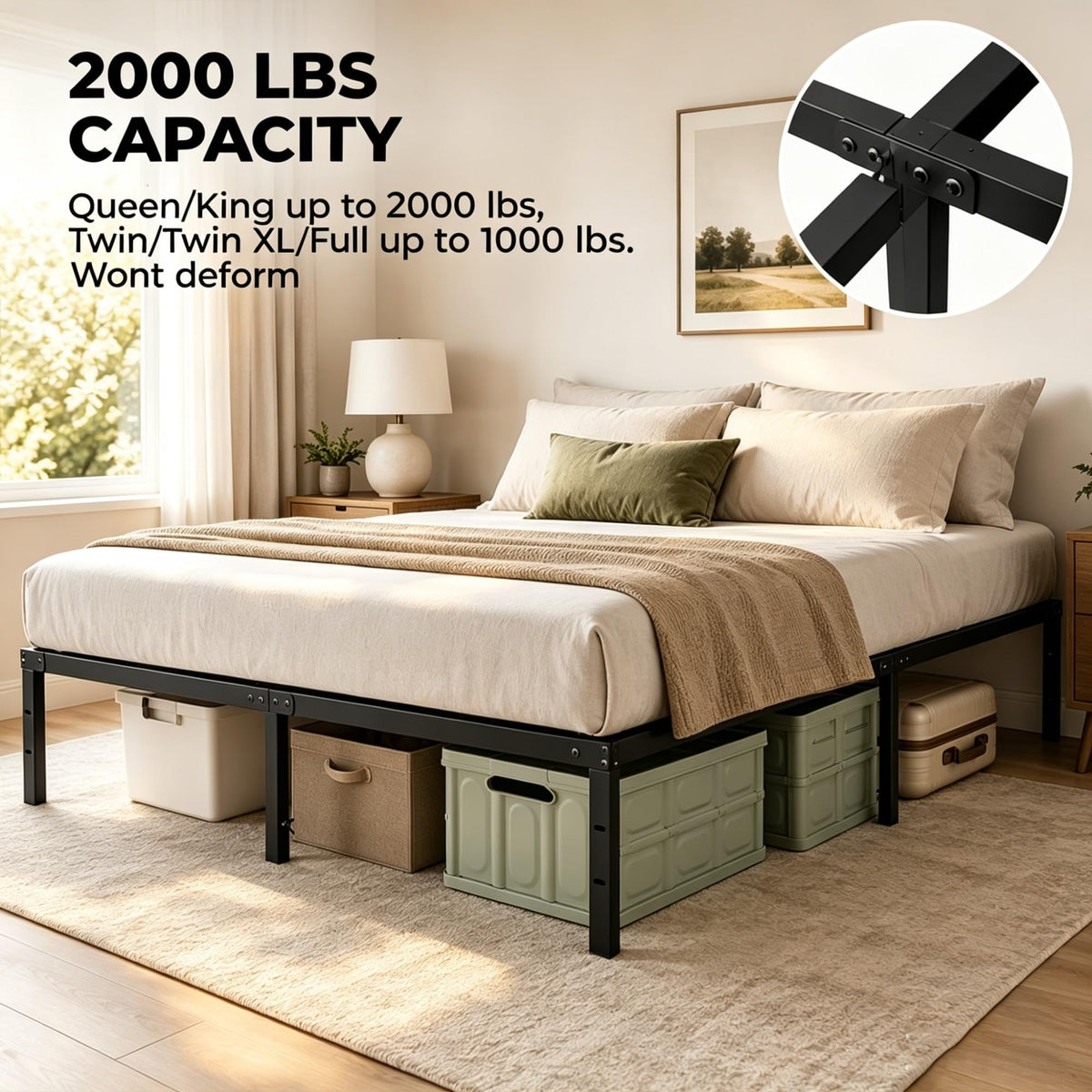 16 Inch Black Metal Bed Frame, Heavy Duty Noise-Free Steel Mattress Foundation, No Box Spring Required, Large Under-Bed Storage, Easy Assembly, Supports Up To 2000 Lbs product image