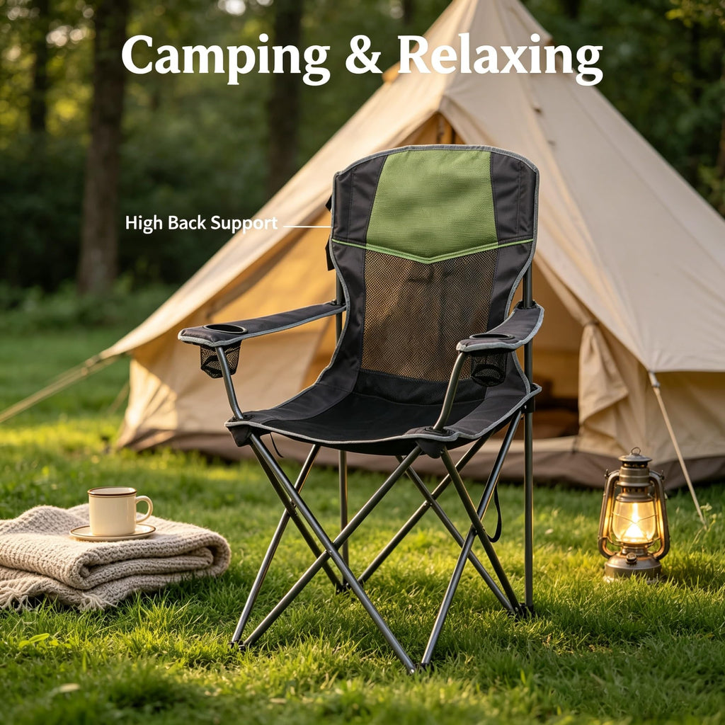 Green Oversized Folding Quad Camping Chair With High Back & Cup Holders, Heavy-Duty Outdoor Seat With Carry Bag And Umbrella Holder For Gatherings product image