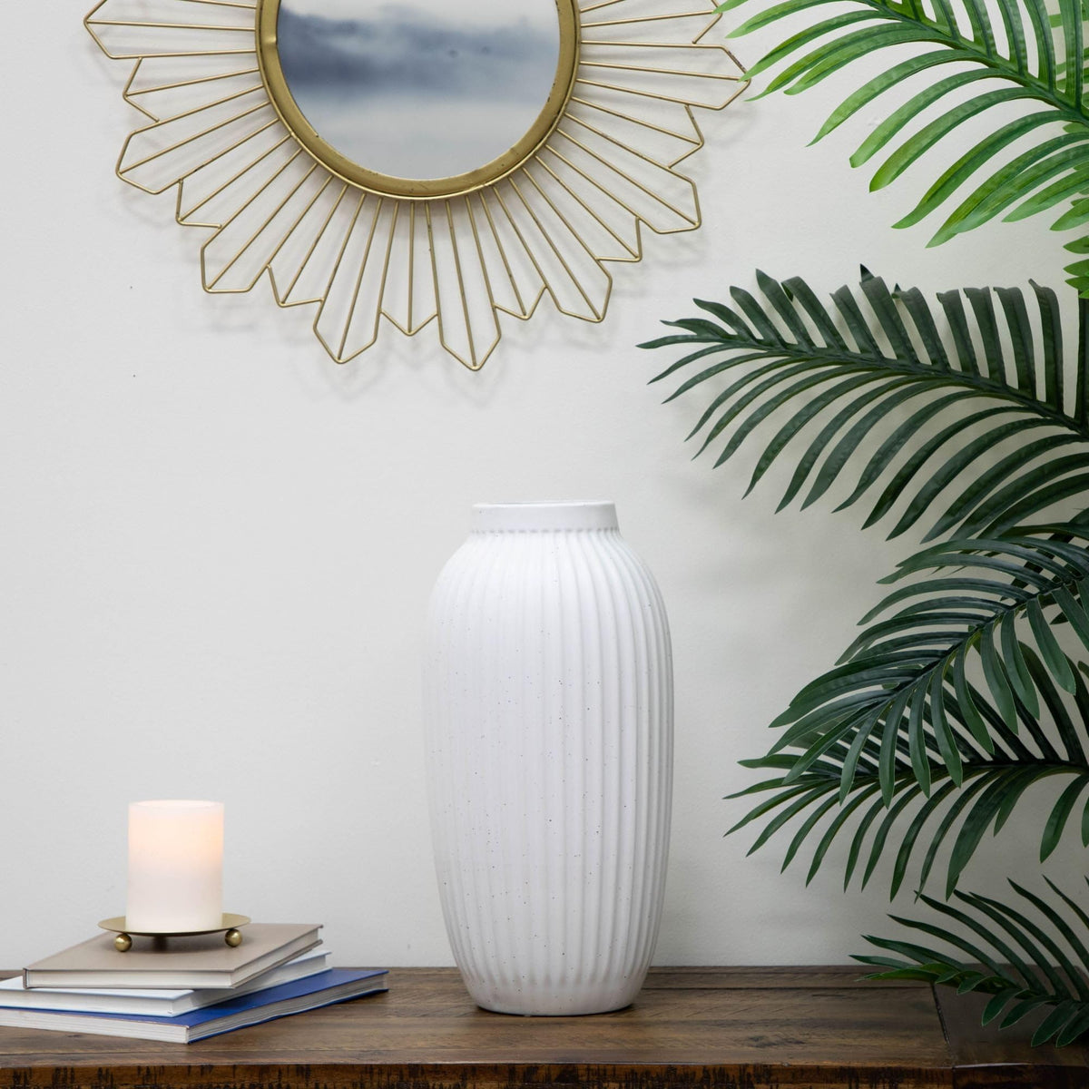 Speckled Ribbed Ceramic Vase, 16 In, White - product image 6
