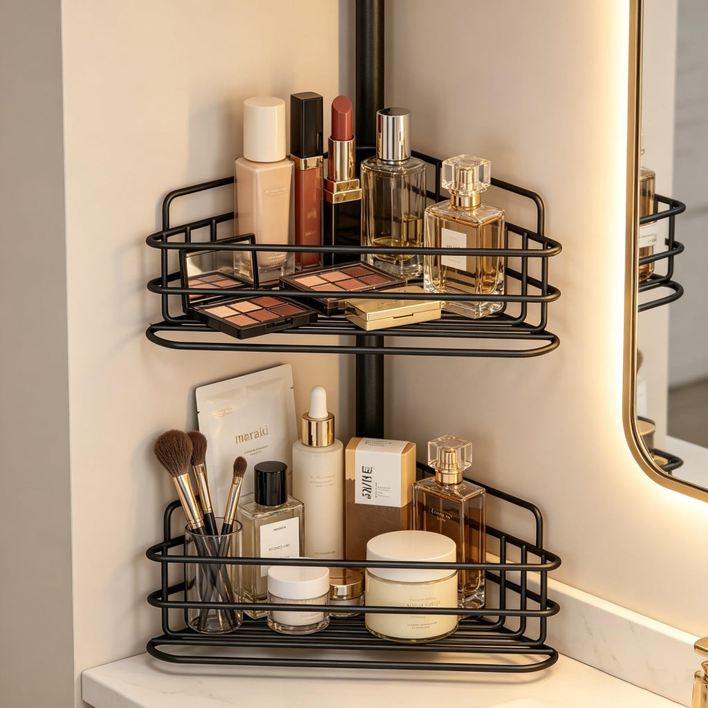 4-Tier Tension Pole Corner Shower Caddy, Rustproof Stainless Steel Bathroom Storage Shelf, No Drill Install Adjustable 31.5–94.5in Ventilated Rack With Hooks, Black product image