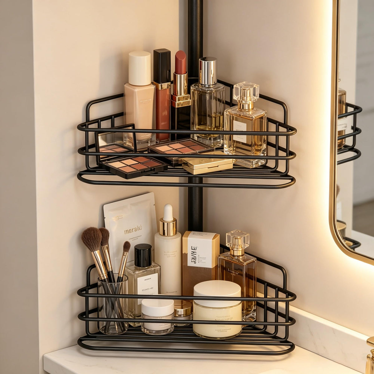 4-Tier Tension Pole Corner Shower Caddy, Rustproof Stainless Steel Bathroom Storage Shelf, No Drill Install Adjustable 31.5–94.5in Ventilated Rack With Hooks, Black product image