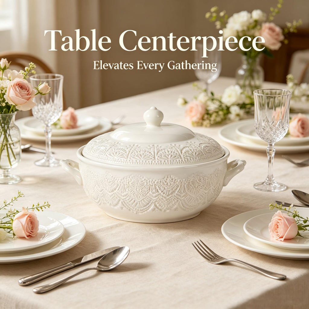 The Pioneer Woman Vintage Lace Stoneware Soup Tureen, Linen, 11 Inch, Decorative Serving Bowl For , Stews And Side Dishes product image