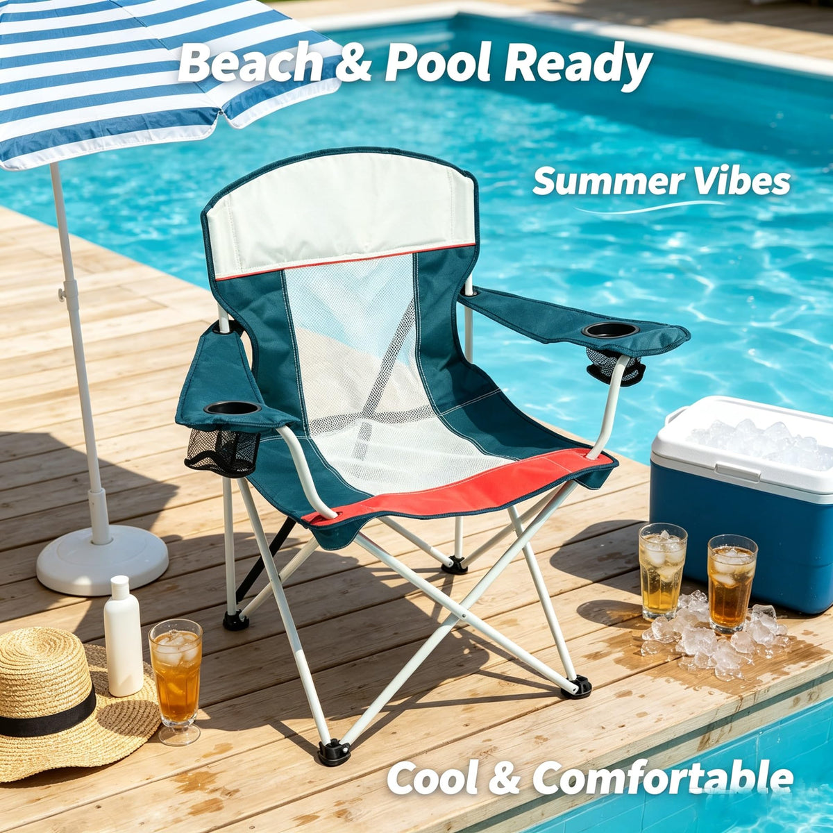 Oversized Mesh Folding Camping Chair With Dual Cup Holders, Breathable Portable Outdoor Leisure Seat With Carry Bag For Picnic, Tailgating And Activities product image
