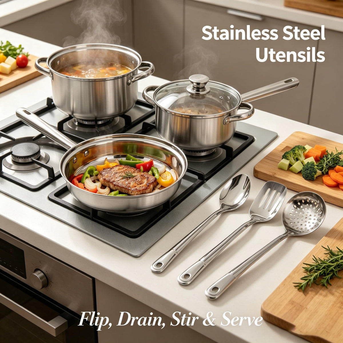 10 Piece Stainless Steel Cookware Set With Tri-Ply Base, Induction Compatible Pots Pans With Vented Glass Lids Cool Riveted Handles & Cooking Utensils, Dishwasher Safe Kitchen Kit product image