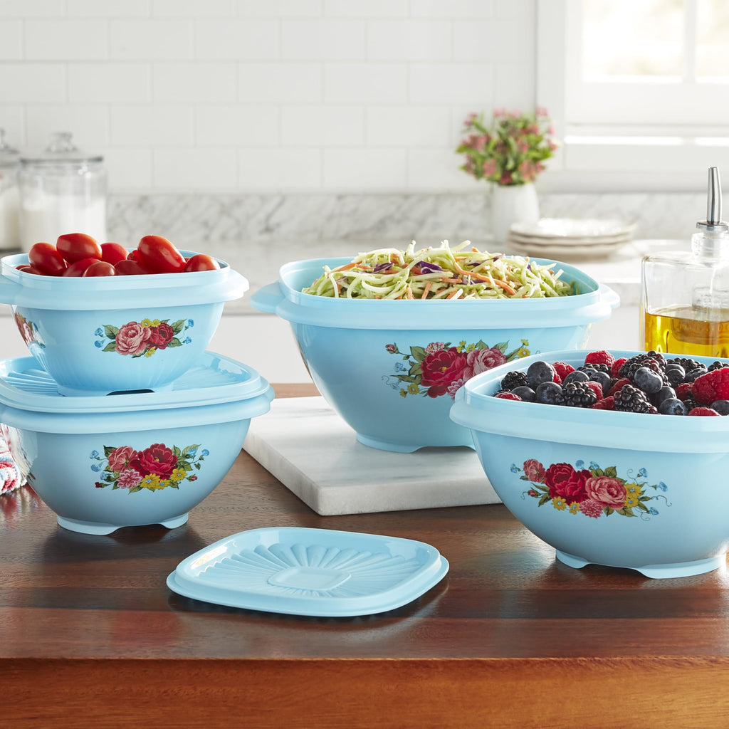 8 Piece Nesting Plastic Bowl Set With Matching Lids, Teal, Multi-Size BPA-Free Food Storage & Mixing Bowls For Meal Prep And Kitchen Organization product image