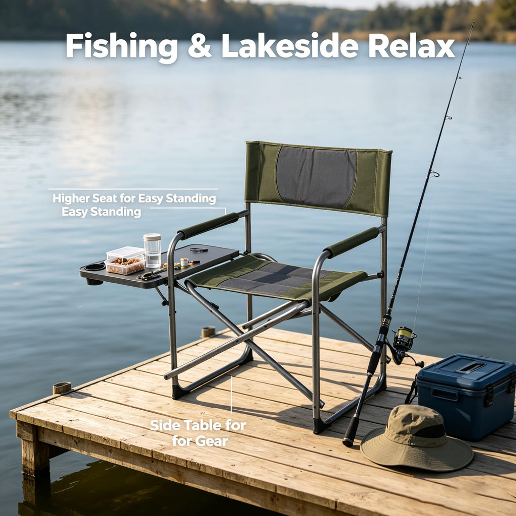 Green Oversized Folding Director Chair With Foldable Side Table, Heavy-Duty Portable Outdoor Camping With 23 Inches Extra Wide Seat product image
