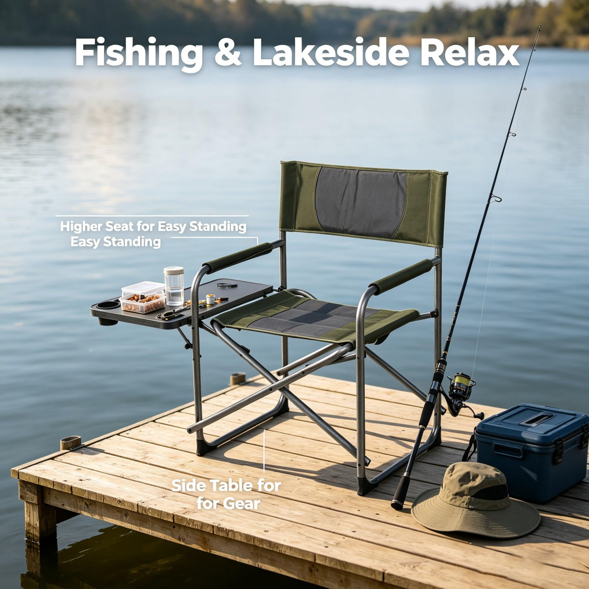 Green Oversized Folding Director Chair With Foldable Side Table, Heavy-Duty Portable Outdoor Camping With 23 Inches Extra Wide Seat product image