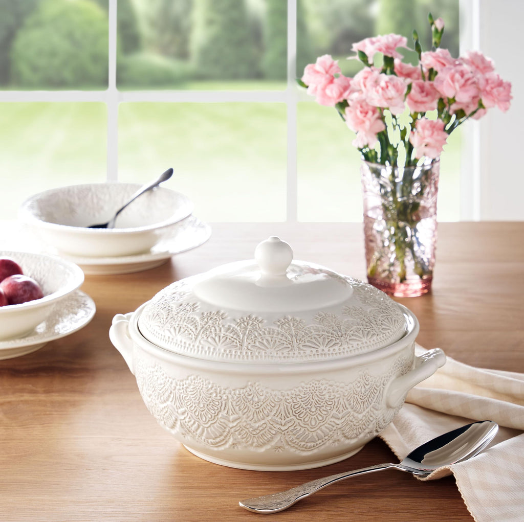 The Pioneer Woman Vintage Lace Stoneware Soup Tureen, Linen, 11 Inch, Decorative Serving Bowl For , Stews And Side Dishes product image