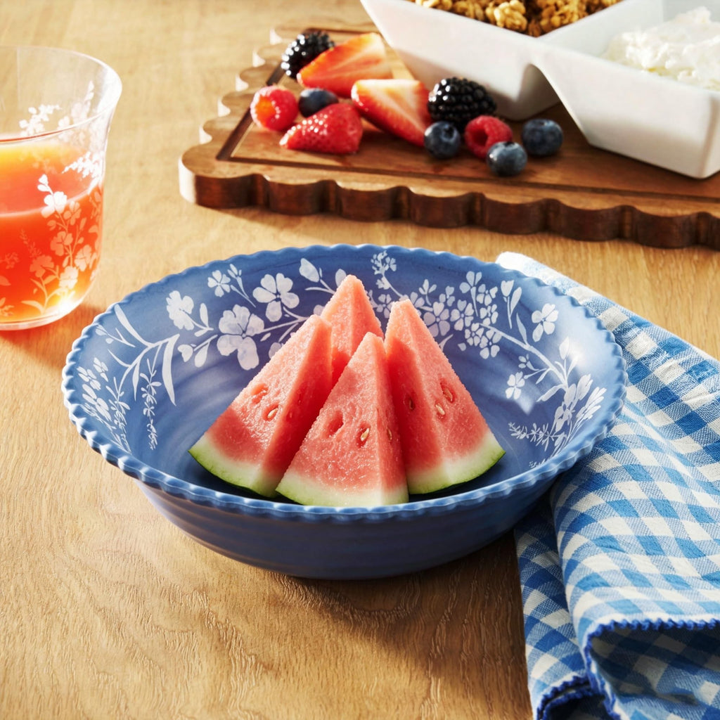 Blue Daisy 12-Piece Bamboo Melamine Dinnerware Set By , Scalloped Floral Plates & Bowls Service For 4 product image