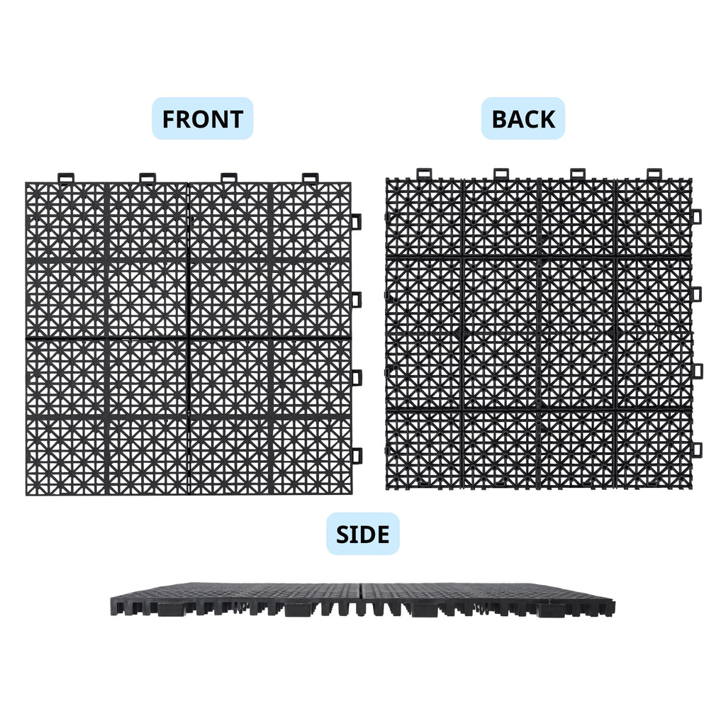 12 Pack Black Interlocking Plastic Deck Tiles, 12×12 Inch Waterproof Anti-Slip Floor Tile With Drainage For Patio Balcony Bathroom Shower All Weather product image