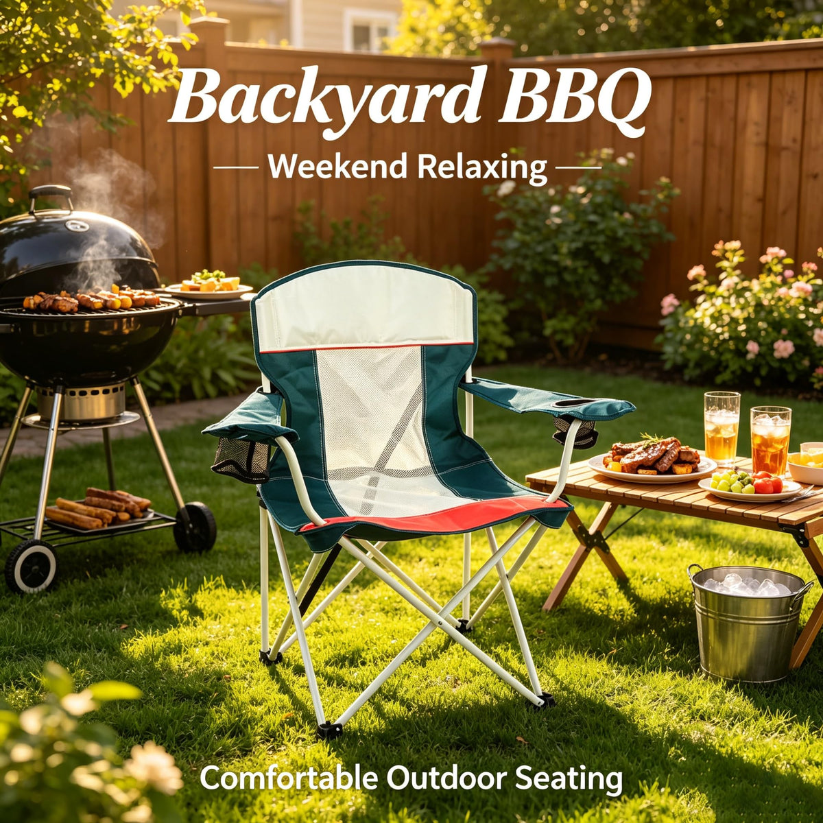 Oversized Mesh Folding Camping Chair With Dual Cup Holders, Breathable Portable Outdoor Leisure Seat With Carry Bag For Picnic, Tailgating And Activities product image