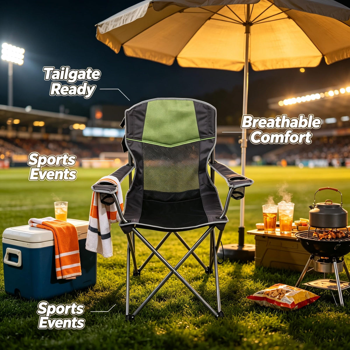 Green Oversized Folding Quad Camping Chair With High Back & Cup Holders, Heavy-Duty Outdoor Seat With Carry Bag And Umbrella Holder For Gatherings product image