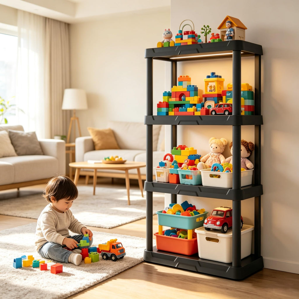 4-Tier Black Plastic Storage Shelf, 22"W X 14"D 47"H, 200 Lbs Total Load Capacity (50 Per Shelf), Tool-Free Assembly, Multipurpose Organizer For Bedroom, Bathroom, Garage & Kids Room product image