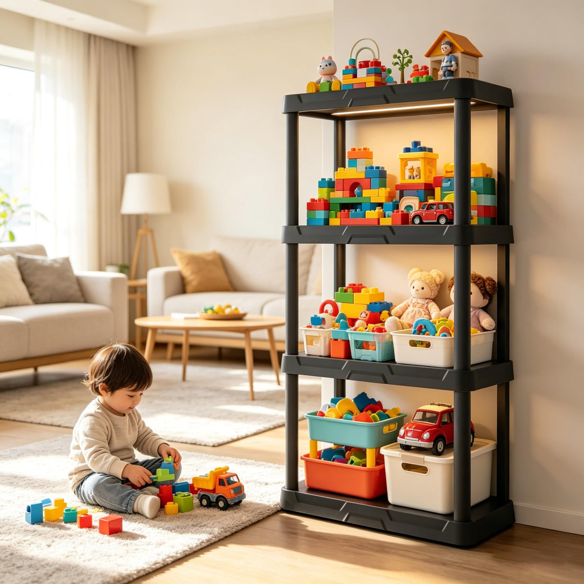 4-Tier Black Plastic Storage Shelf, 22"W X 14"D 47"H, 200 Lbs Total Load Capacity (50 Per Shelf), Tool-Free Assembly, Multipurpose Organizer For Bedroom, Bathroom, Garage & Kids Room product image