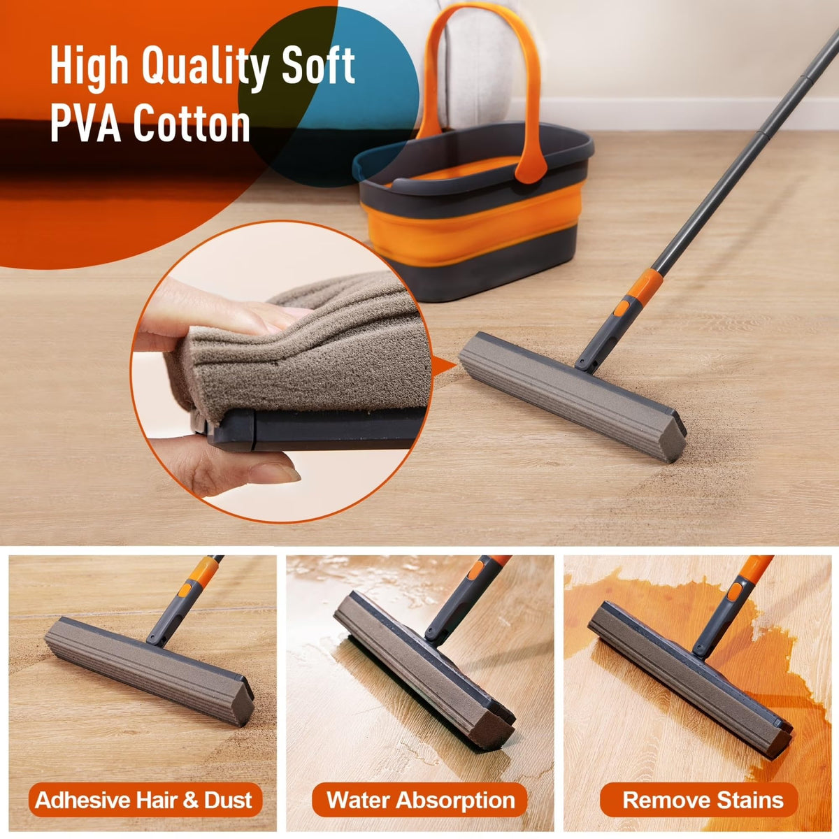 Hands-Free Sponge Mop With Collapsible Wring Bucket, Adjustable Lightweight Floor Cleaning Kit For Home Wet & Dry product image