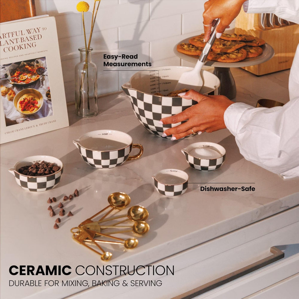 5-Piece Green Checkered Ceramic Mixing & Measuring Bowl Set product image