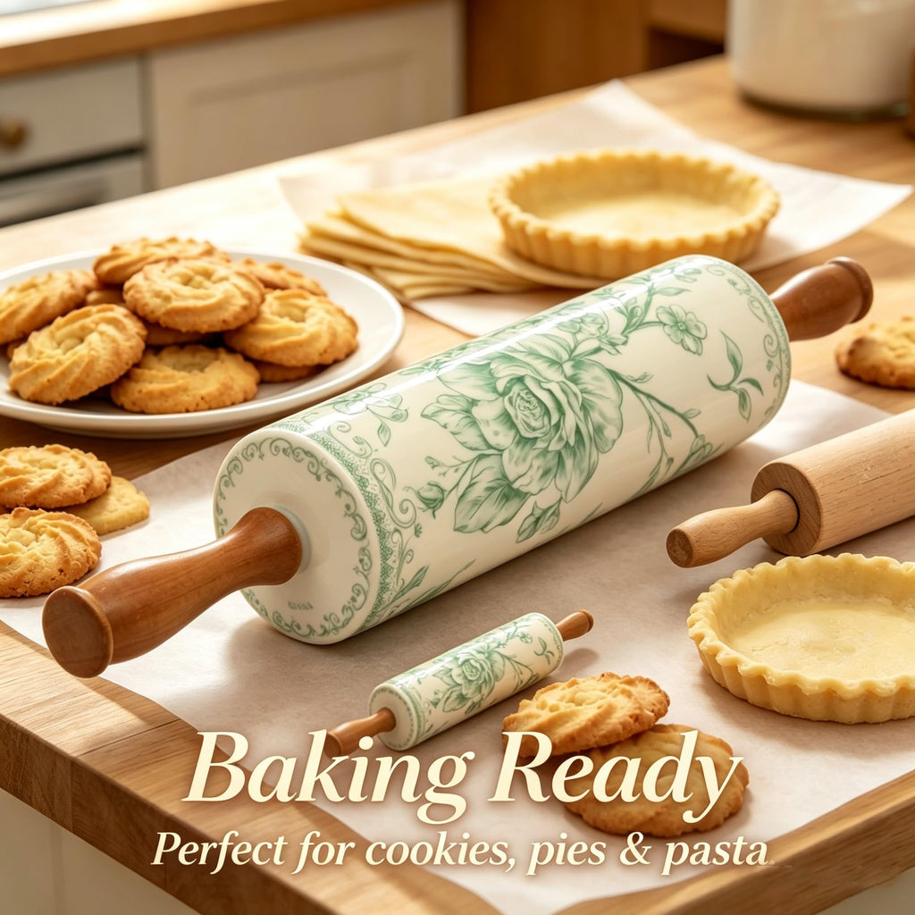 Green Floral Stoneware Rolling Pin With Wooden Handles, 18.25 Inch Smooth Ceramic Dough Roller For Pie Pizza Baking Kitchen Tool product image