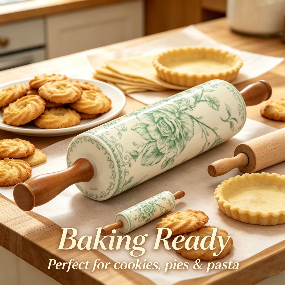 Green Floral Stoneware Rolling Pin With Wooden Handles, 18.25 Inch Smooth Ceramic Dough Roller For Pie Pizza Baking Kitchen Tool product image
