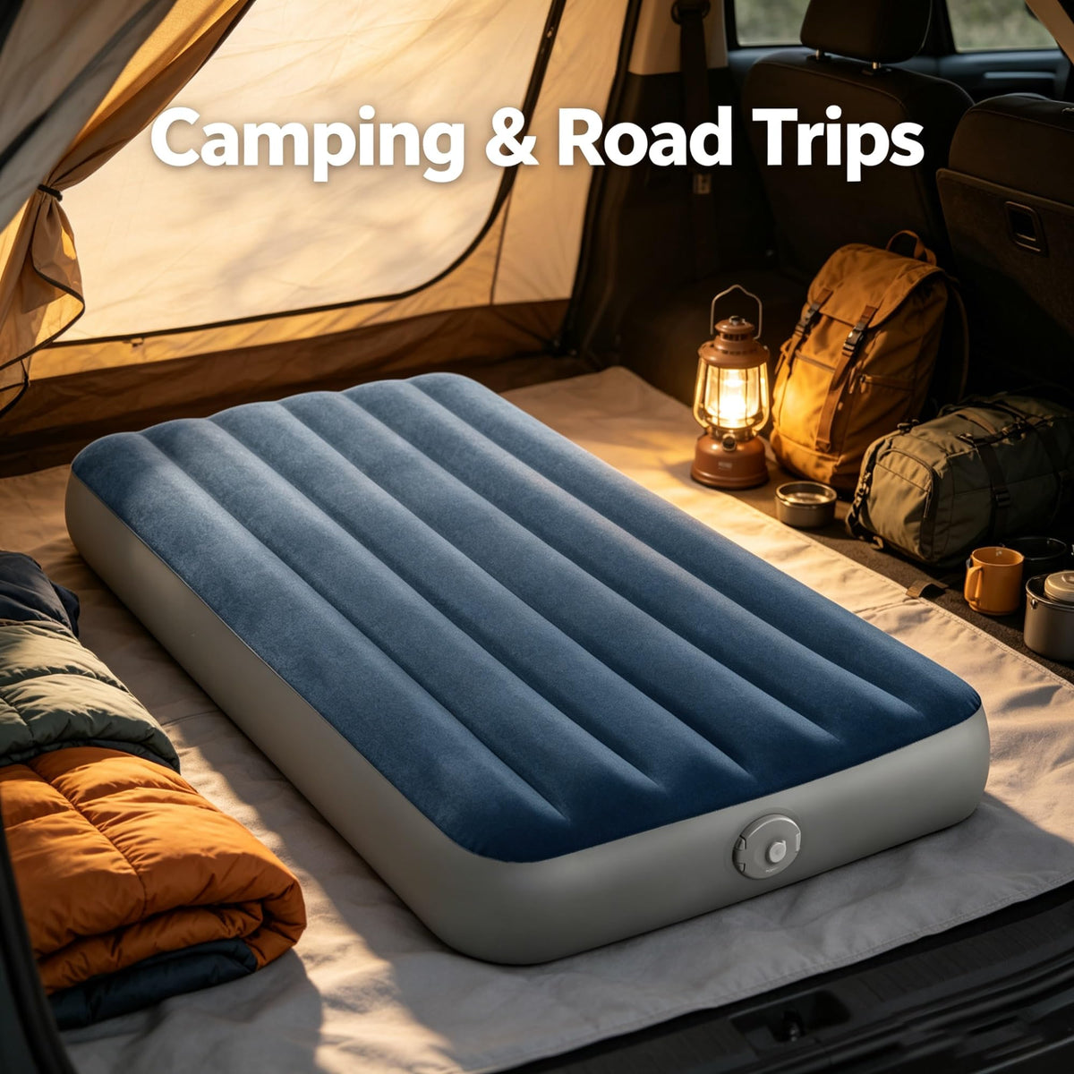 Twin Size Inflatable Air Mattress With Rechargeable Removable Pump, Fiber-Tech Plush Surface Indoor Outdoor Portable Bed With USB Charging Cable & Multi-Purpose Inflation Nozzles product image