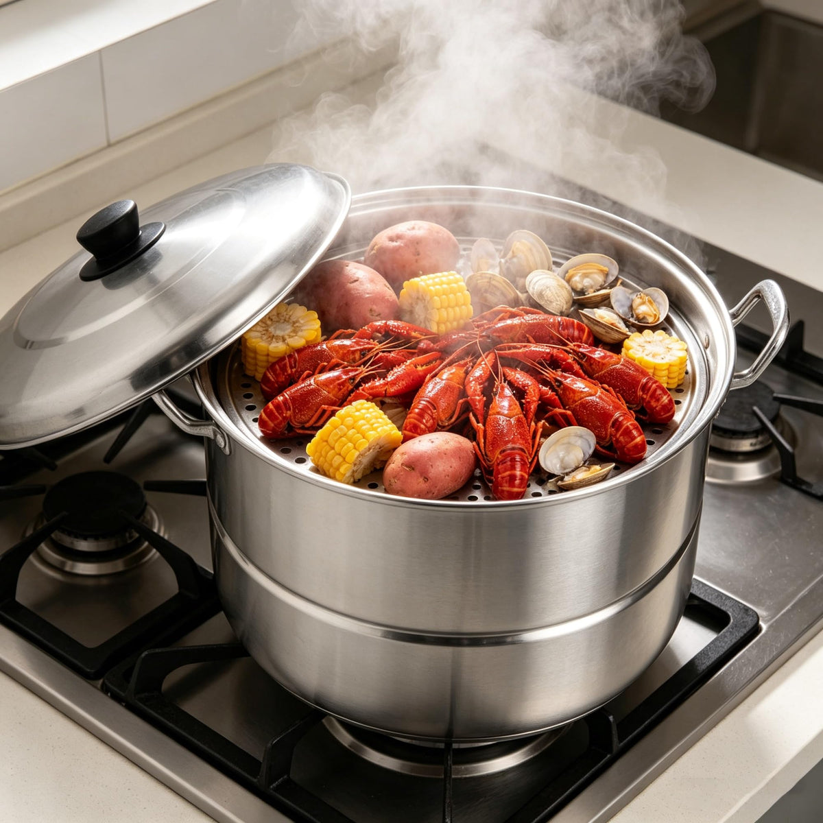 32 Quart Aluminum Steamer Pot With Removable Steam Tray And Lid For Seafood And Tamale Cooking product image