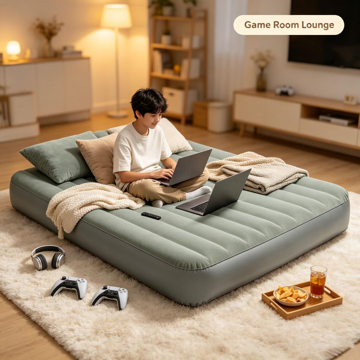 Queen Size 10 Inch Inflatable Air Mattress With Built-in Electric Pump, Velvet Flocked Top Bed, Foldable Portable For Indoor Guest Room Travel Camping product image