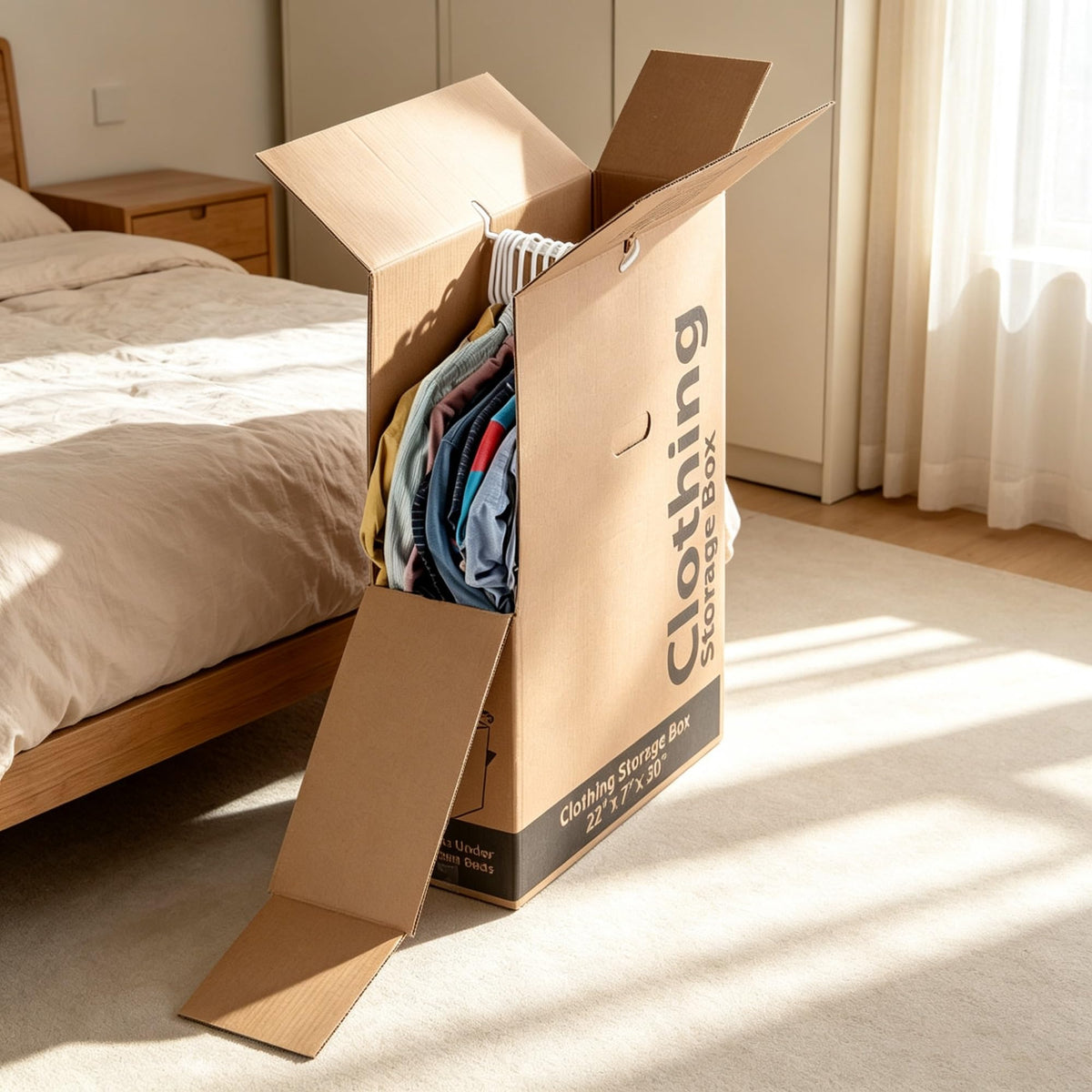 6 Pack Recycled Kraft Clothing Storage Boxes 22 x 7 x 30 Inch with Hanging Bars, 44 ECT Heavy Duty Slim Garment Moving Containers with Carry Handles for Closet Under Bed Seasonal Clothes Storage product image