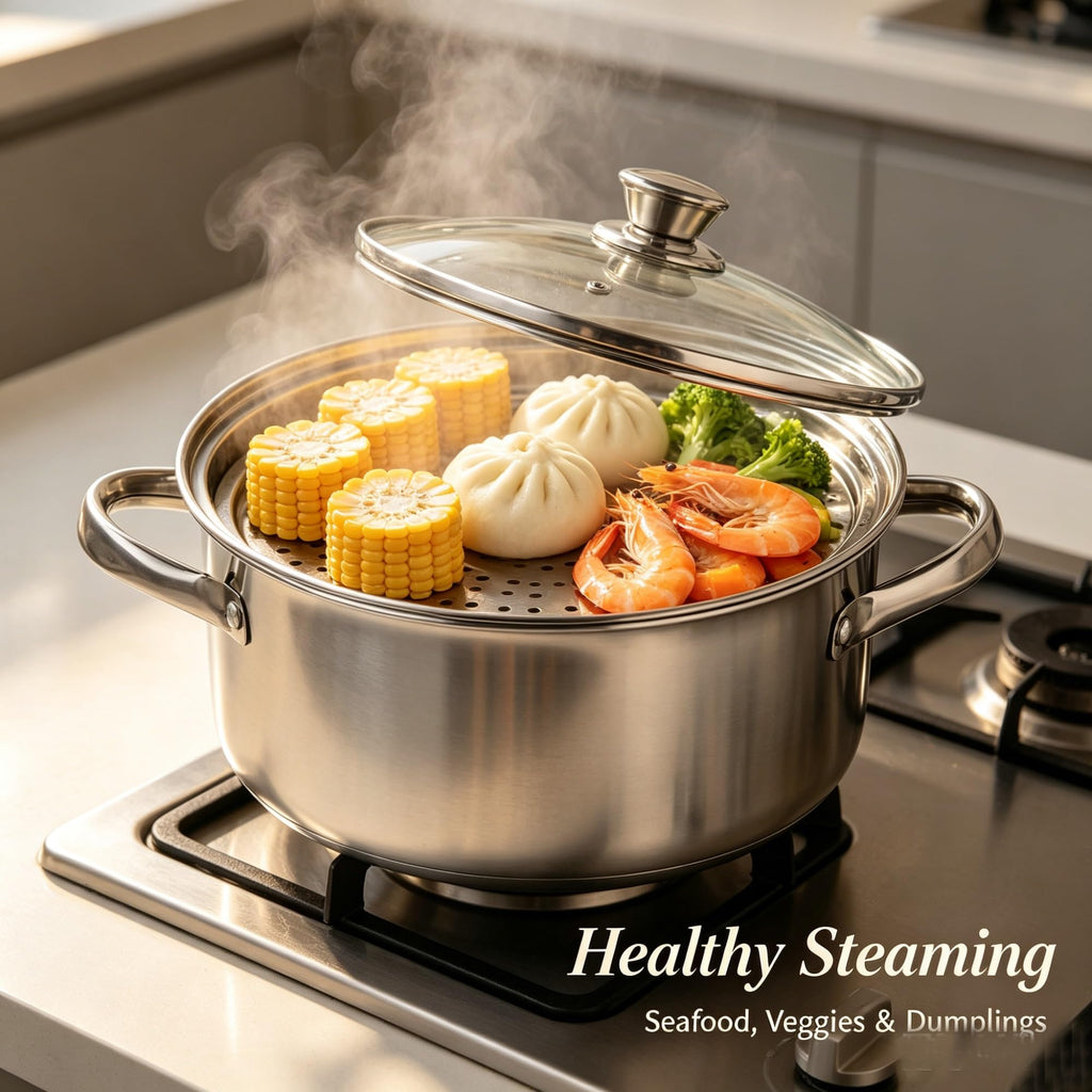 4 Quart Stainless Steel Steamer Pot With Shatter Resistant Glass Lid & Mesh Basket, Tri-Ply Base Induction Compatible Cookware For Vegetables Pasta Seafood product image