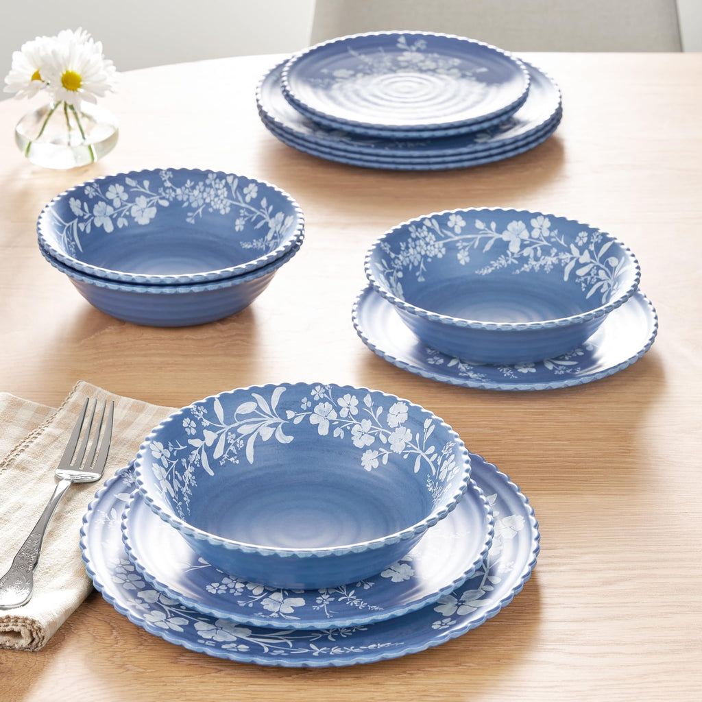 Blue Daisy 12-Piece Bamboo Melamine Dinnerware Set By , Scalloped Floral Plates & Bowls Service For 4 product image