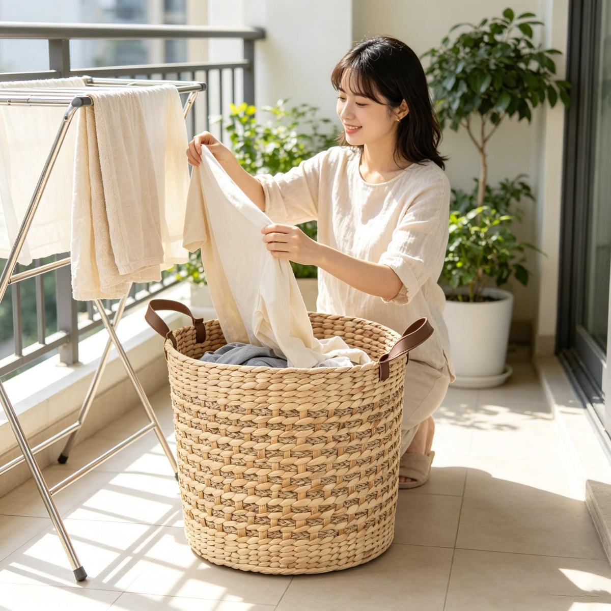 16.75 Gallon Round Wicker Laundry Hamper, Light Brown Water Hyacinth Clothes Basket With Handles & Removable Liner, 15.7 Inch Cube Storage Bin For Bedroom Bathroom product image