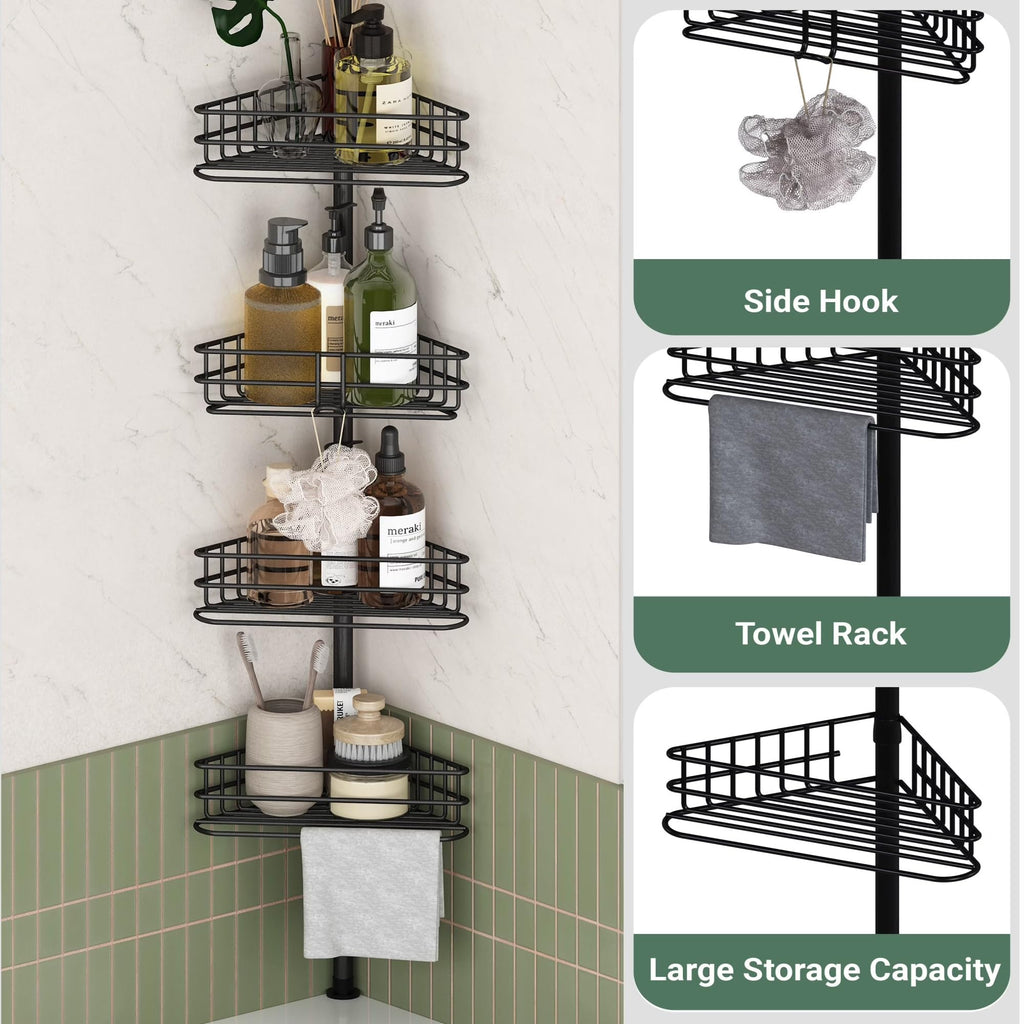 4-Tier Tension Pole Corner Shower Caddy, Rustproof Stainless Steel Bathroom Storage Shelf, No Drill Install Adjustable 31.5–94.5in Ventilated Rack With Hooks, Black product image