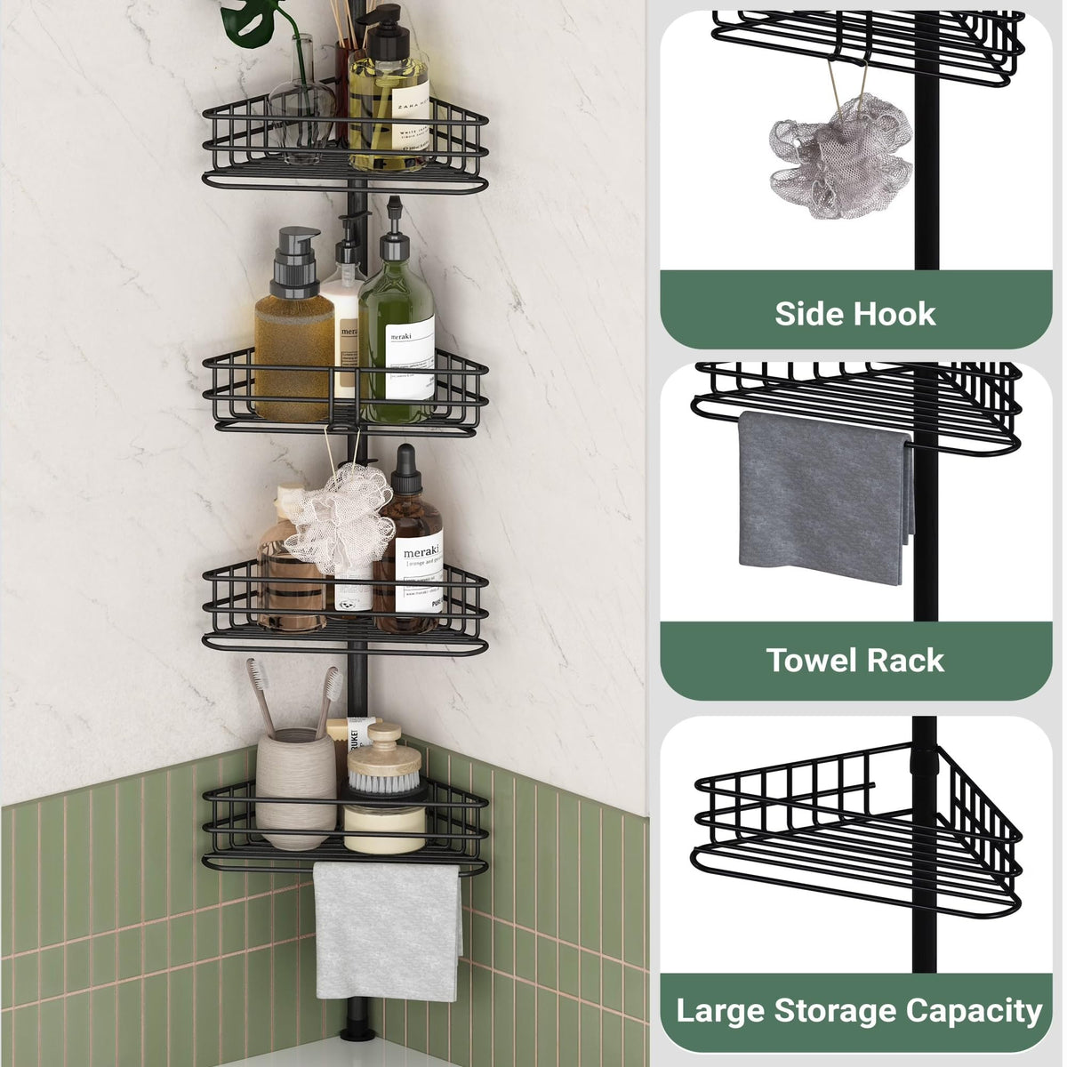 4-Tier Tension Pole Corner Shower Caddy, Rustproof Stainless Steel Bathroom Storage Shelf, No Drill Install Adjustable 31.5–94.5in Ventilated Rack With Hooks, Black product image