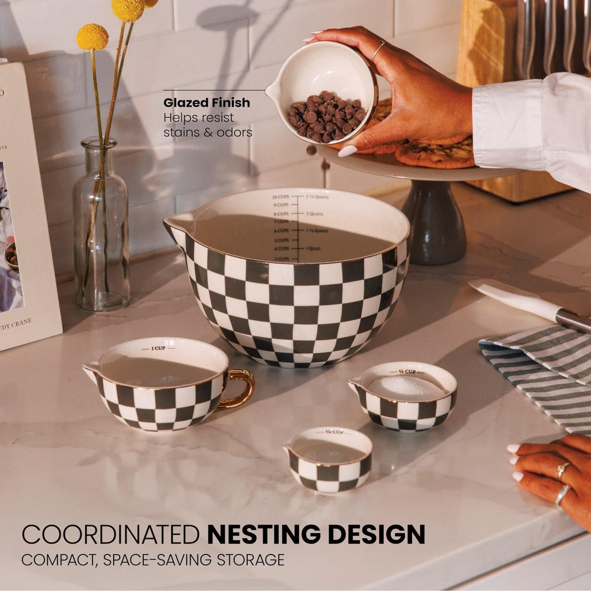 5-Piece Green Checkered Ceramic Mixing & Measuring Bowl Set product image