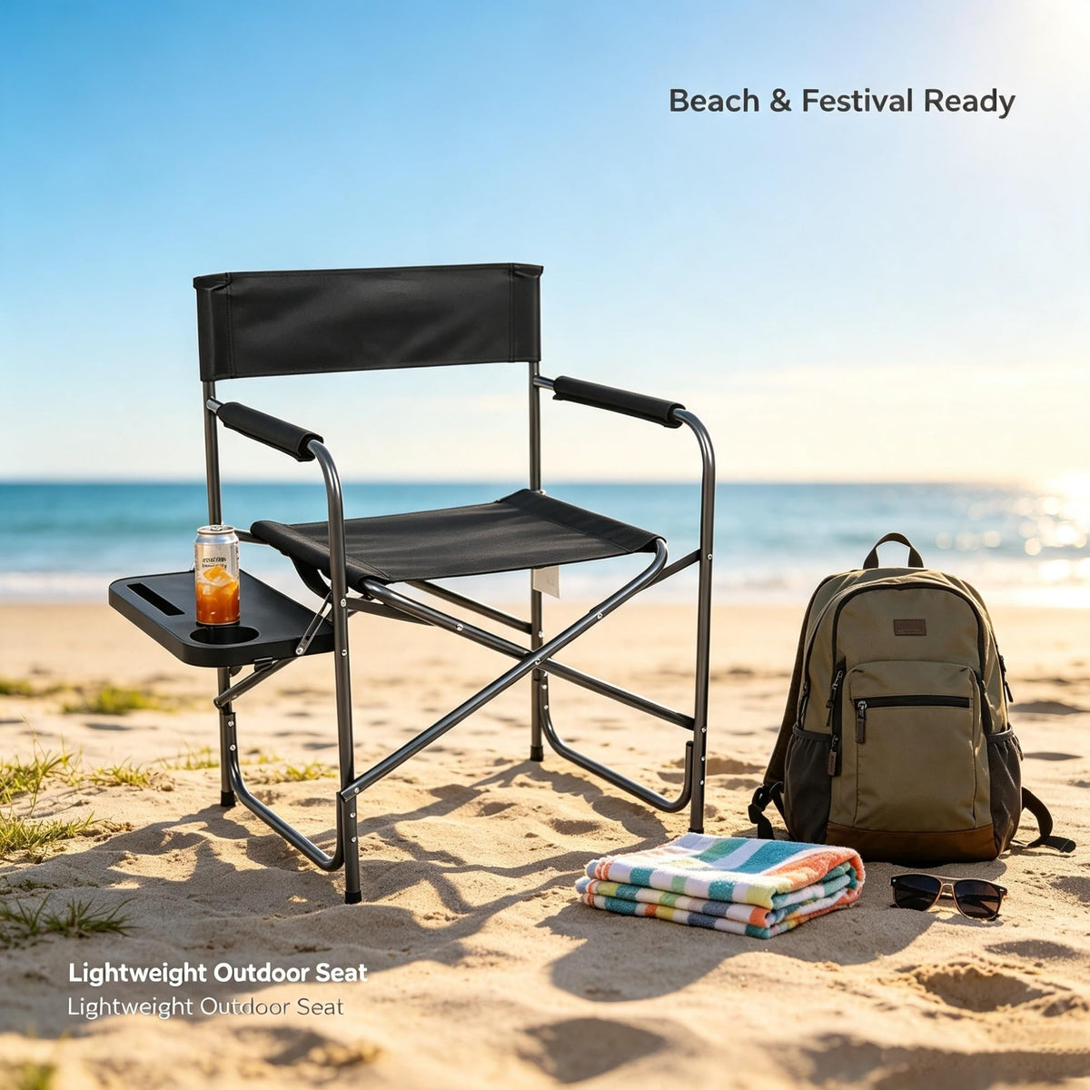 Folding Outdoor Director Chair With Foldable Side Table And Cup Holder, Rust Proof Steel Frame Heavy Duty Portable Camping Tailgating , 300 LBS Weight Capacity product image